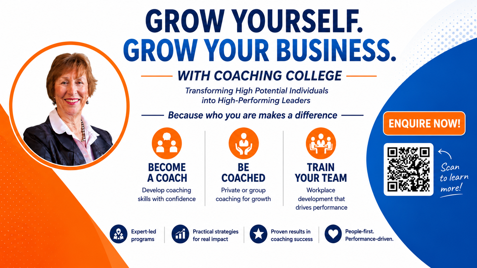 82492243-82b8-4b36-9da8-dc00def3d25a - Coaching College - Coaching College Promotional banner for Coaching College with a smiling portrait, bold blue headlines, and three service icons: Become a Coach, Be Coached, Train Your Team.