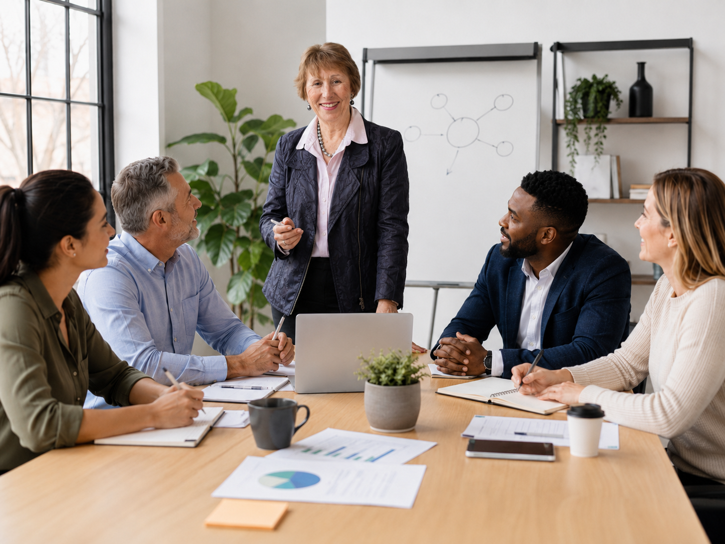 me business coaching - Coaching College - Coaching College Woman stands at head of conference table giving a presentation to four colleagues in a bright office with a whiteboard diagram behind her.