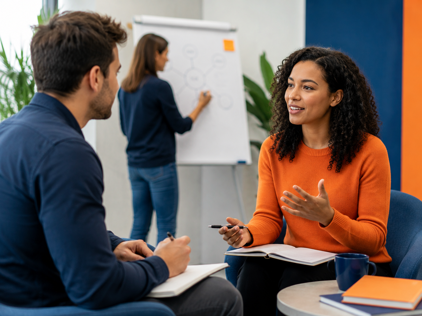mentor - Coaching College - Coaching College Woman in an orange sweater speaks and gestures while a man takes notes at a small table; a colleague sketches on a whiteboard in the background.